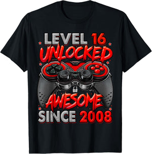 Level 16 Unlocked Awesome Since 2008 Gaming 16th Birthday T-Shirt - T-Shirt | Black