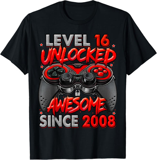 Level 16 Unlocked Awesome Since 2008 Gaming 16th Birthday T-Shirt - T-Shirt | Black