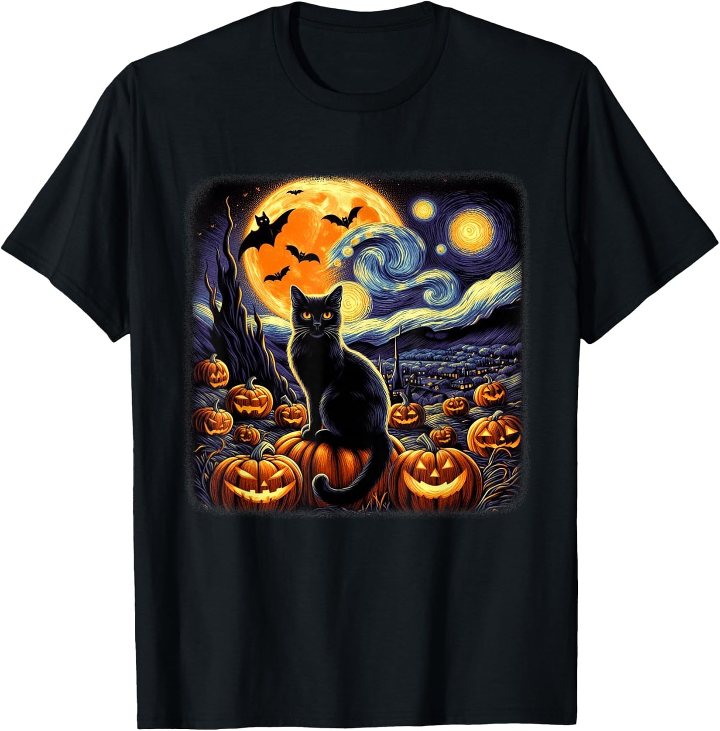 Van Gogh Cat Starry Night Cat Halloween Pumpkin Cat Lovers T-Shirt - T-Shirt | Black