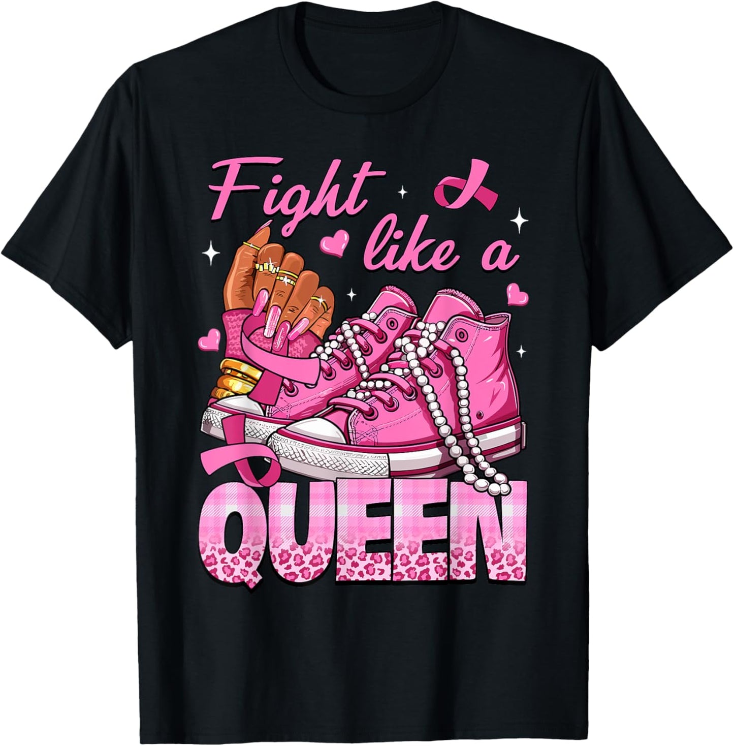 Fight Like A Queen Women Girl Sneakers Breast Cancer Warrior T-Shirt - T-Shirt | Black