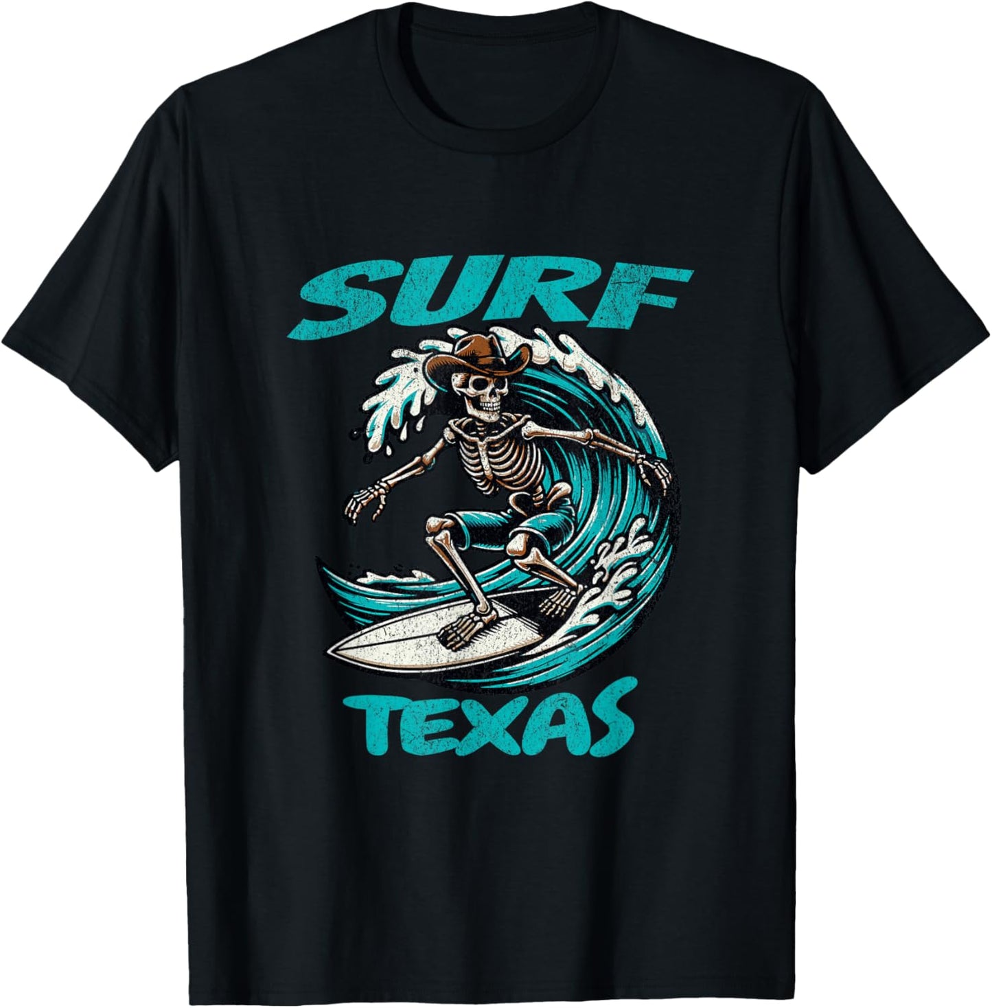Surf Texas Cowboy Skeleton Surfing Radical Texan Waves Yeeha T-Shirt - T-Shirt | Black