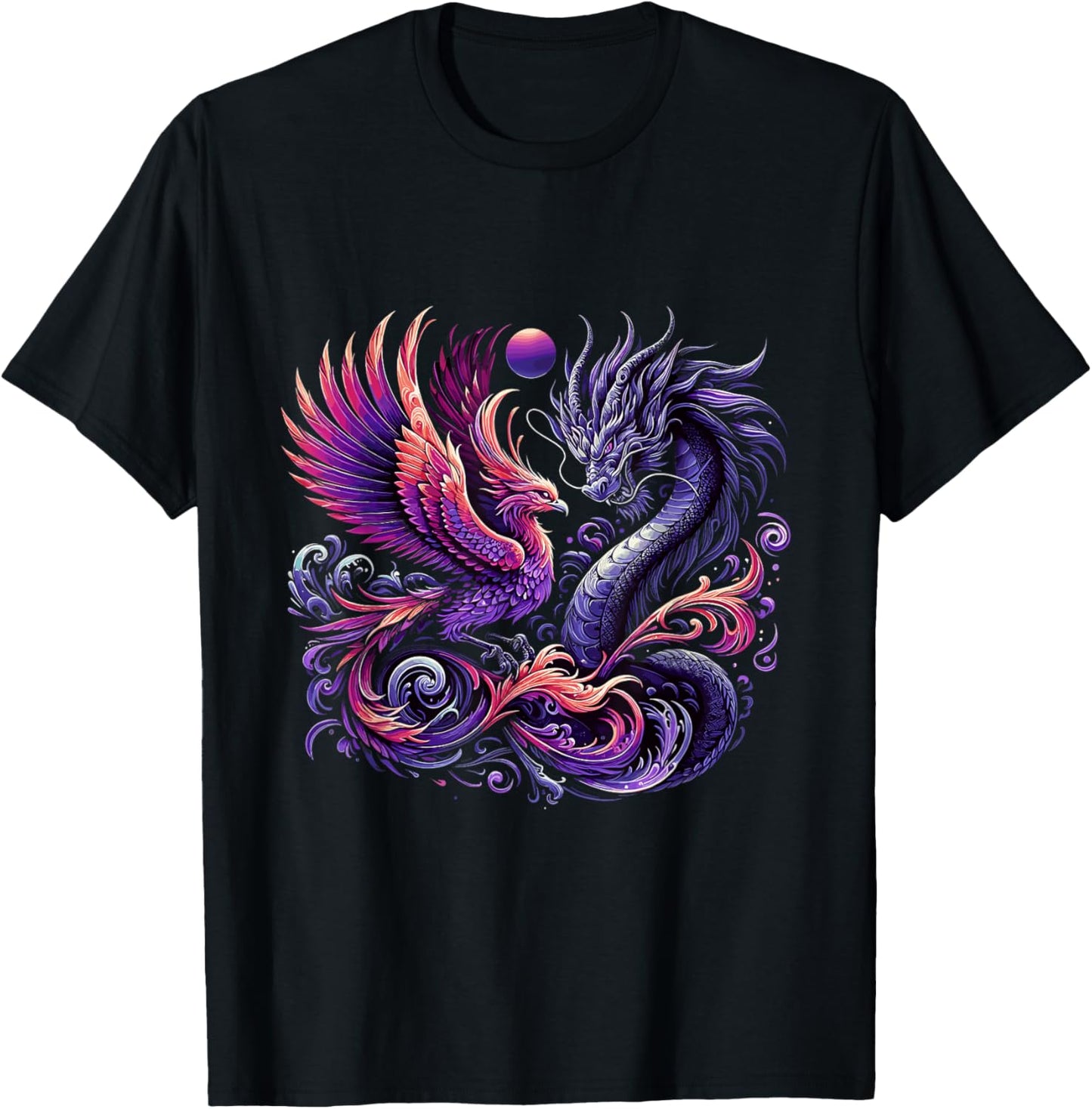 Mystical Phoenix and Dragon Swirl Design T-Shirt - T-Shirt | Black