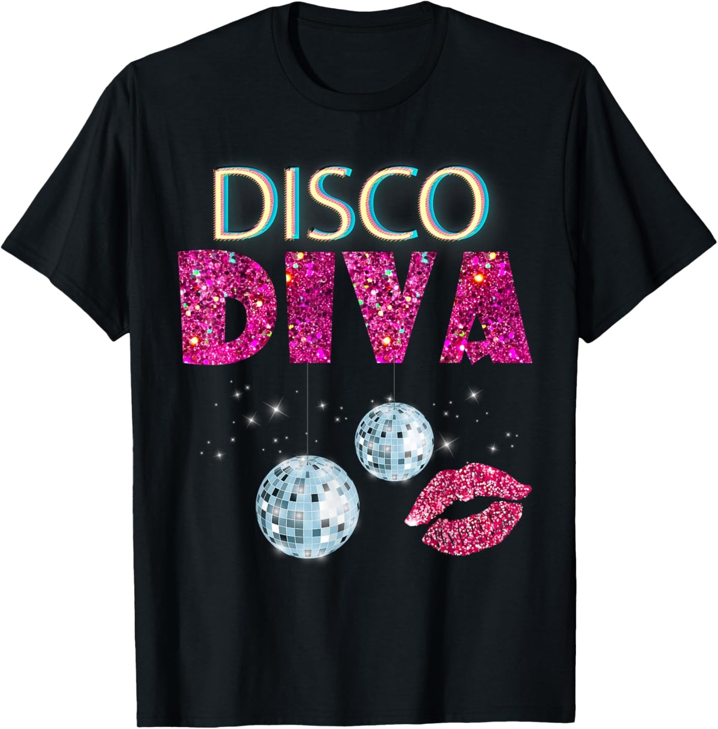 Disco Diva Ladies Disco Gold Ball Silver Red Lips T-Shirt - T-Shirt | Black