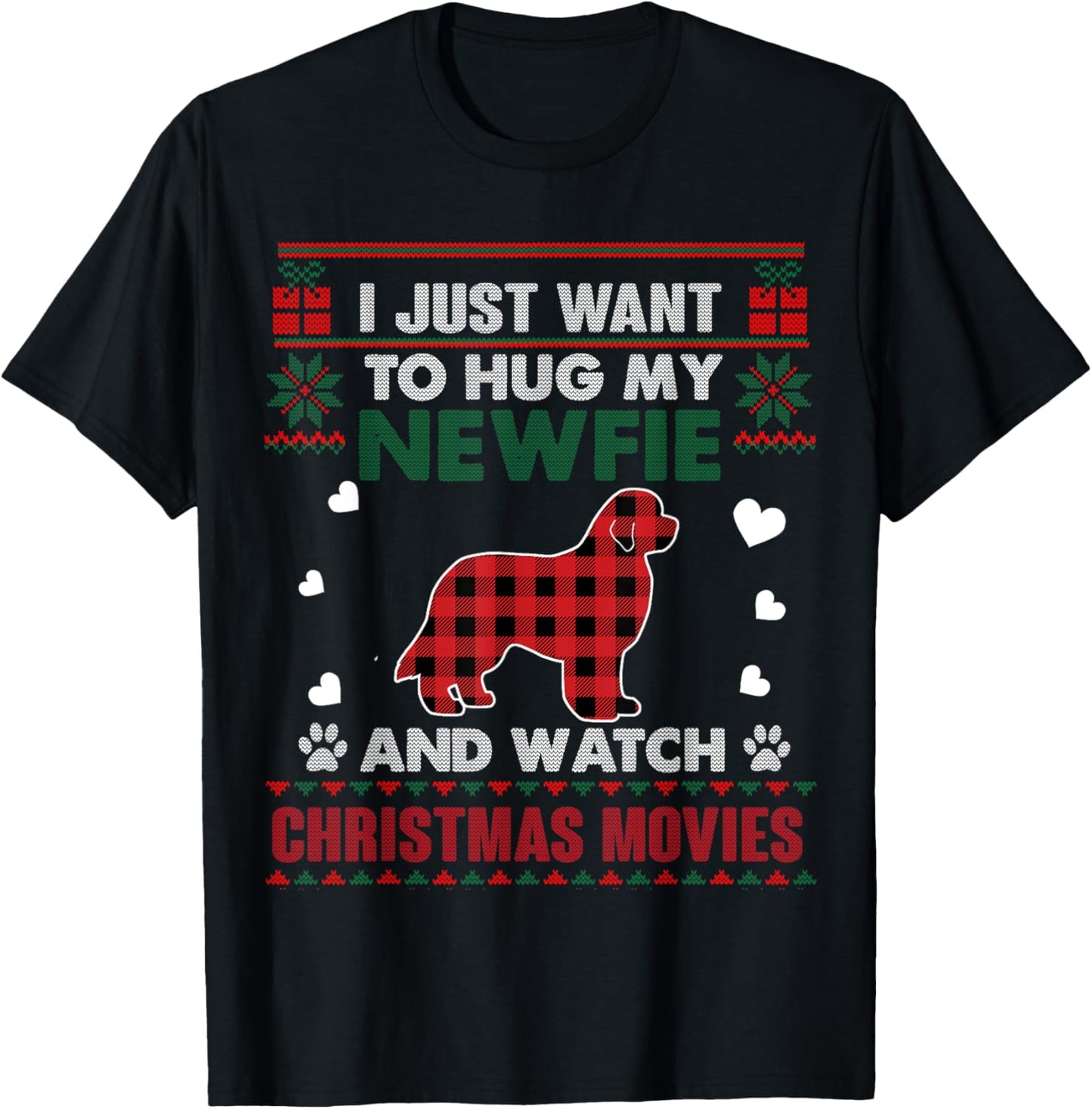 Newfie Dog Owner Christmas Movies Pajama Xmas Ugly Sweater Women Kids T-Shirt - T-Shirt | Black