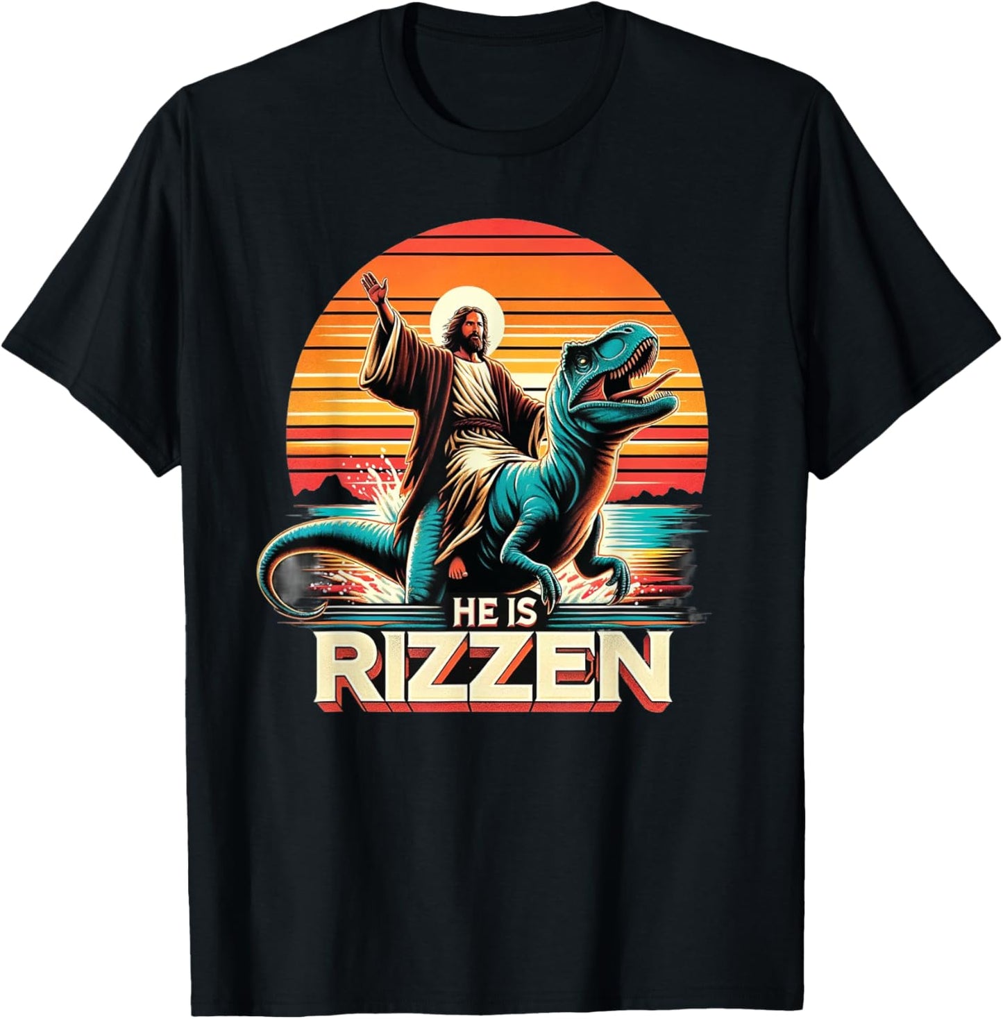 He Is Rizzen Jesus Retro Christian Dinosaur T-Shirt - T-Shirt | Black
