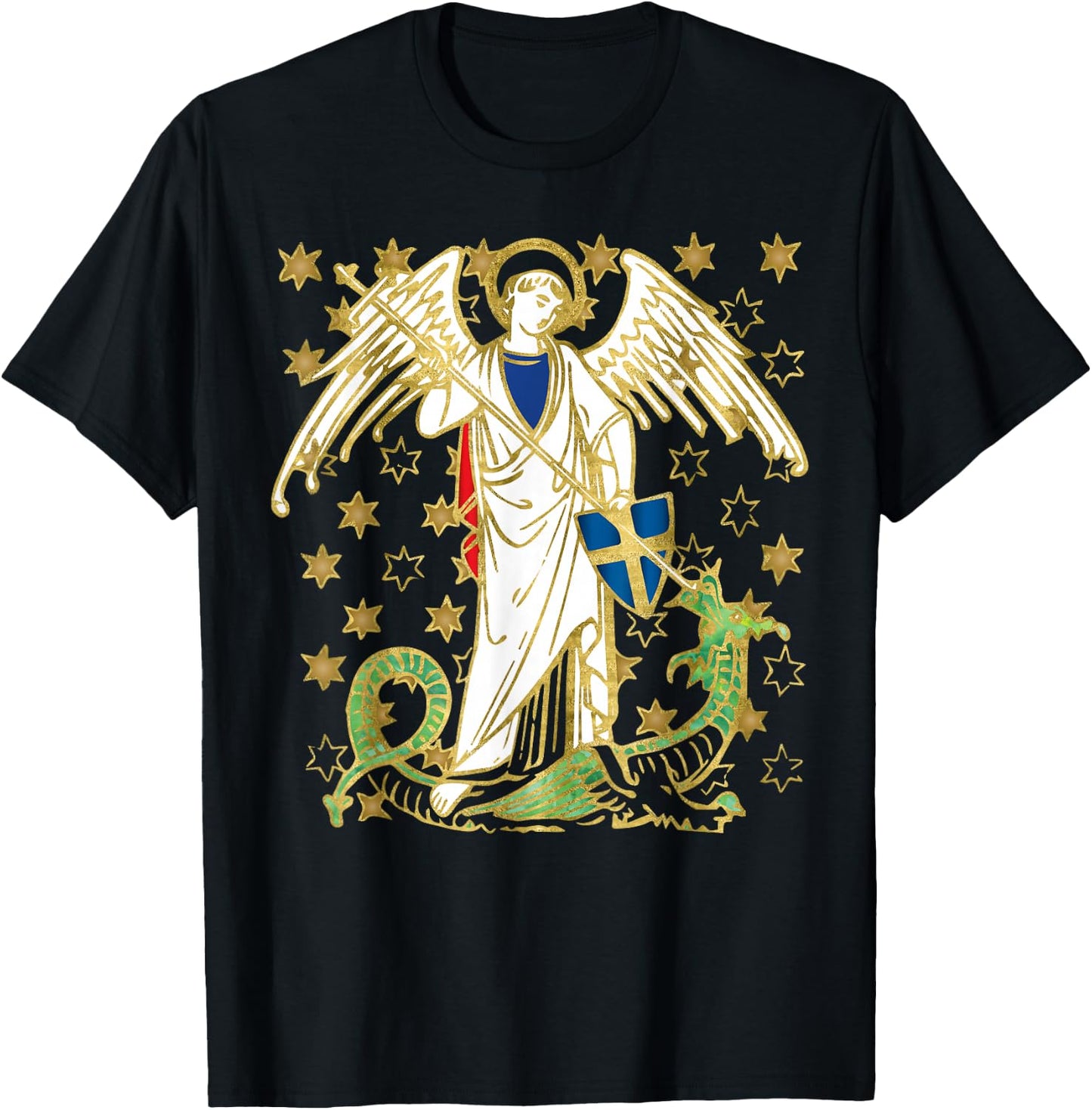 St. Michael the Archangel Icon Dragon Catholic Angel Vintage T-Shirt - T-Shirt | Black