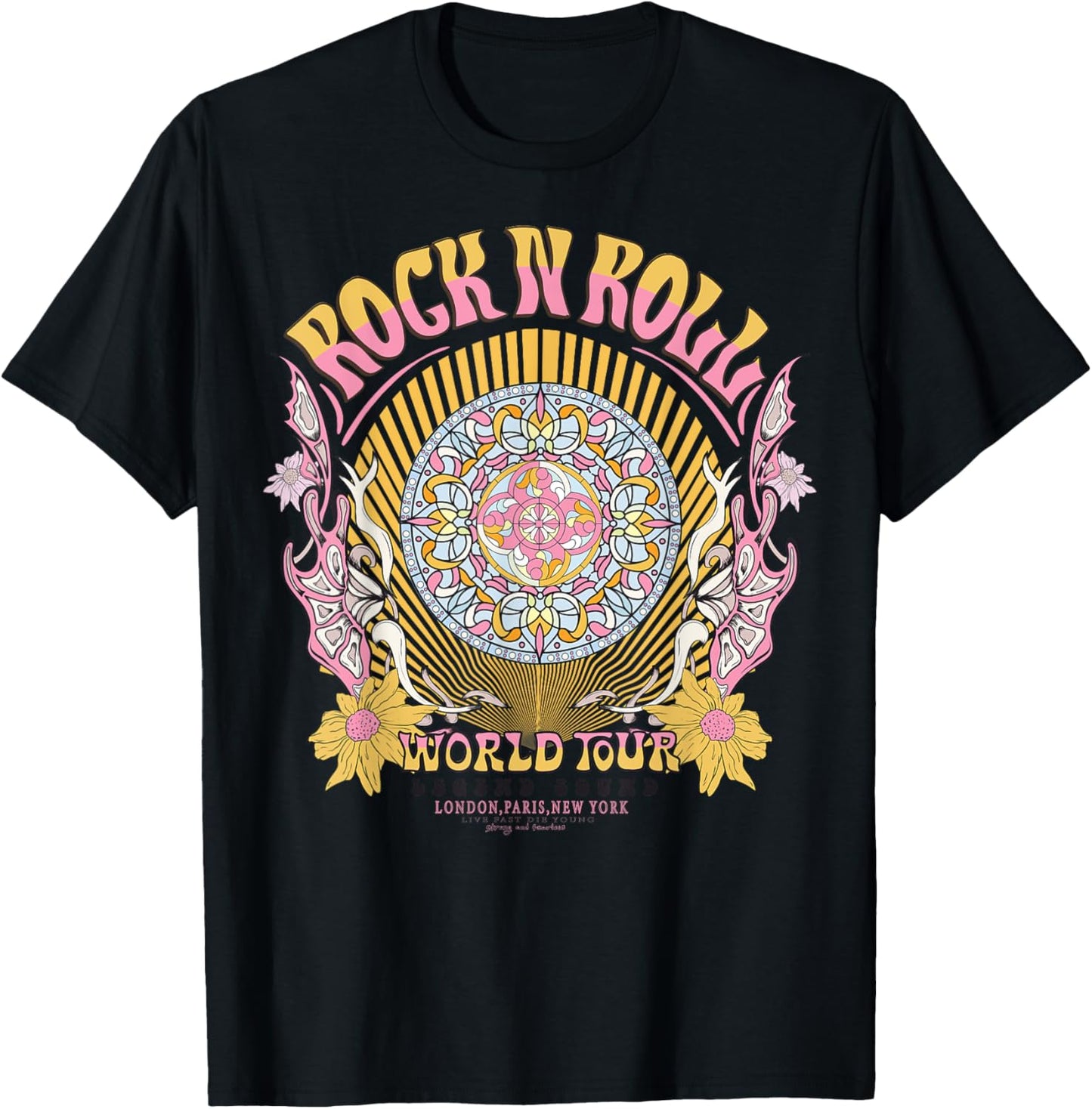 Vintage Retro Aztec Round Motif Mandala Flower Rock & Roll T-Shirt - T-Shirt | Black