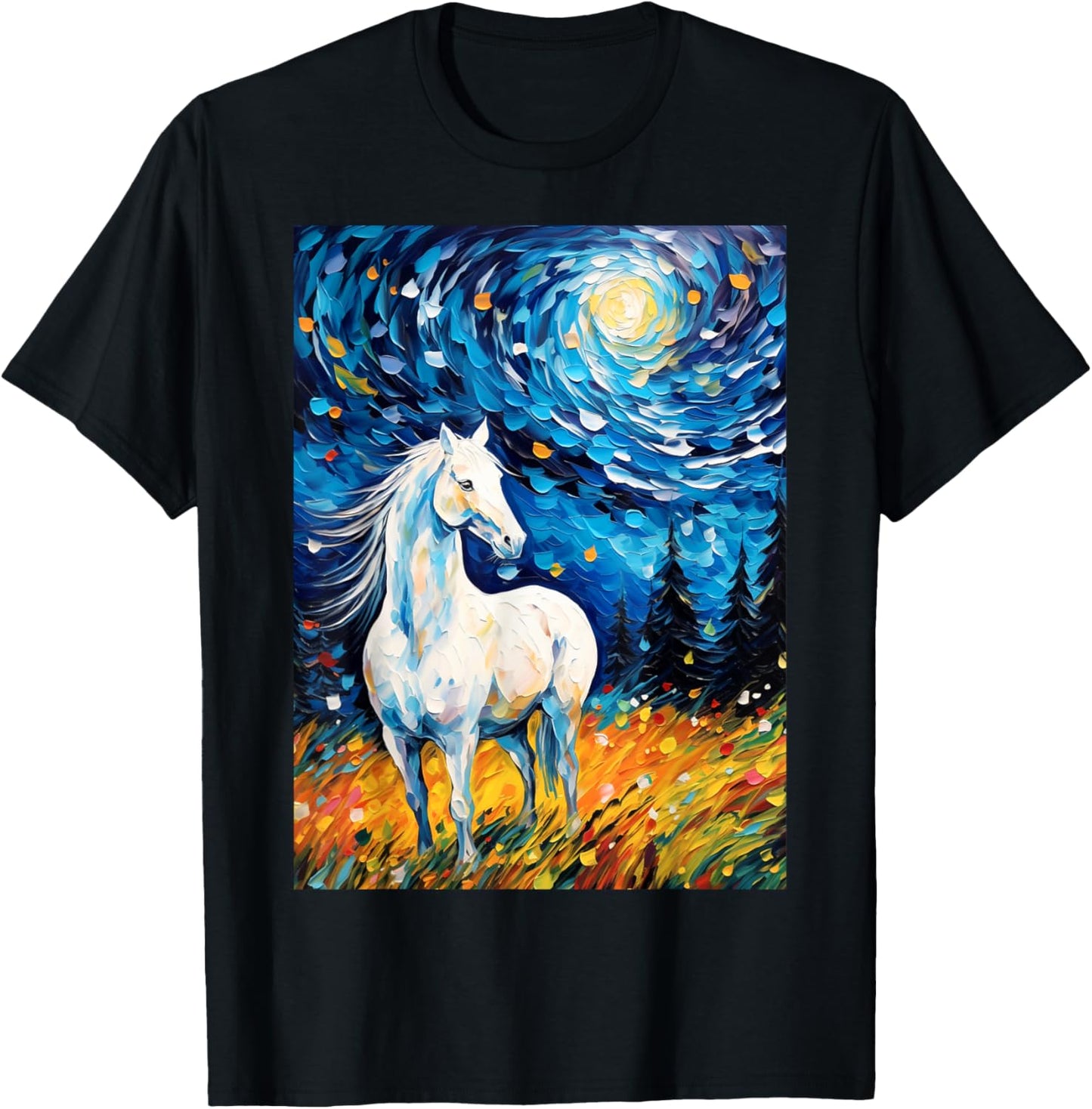 White Horse in Starry Night Van Gogh Horses Lover T-Shirt - T-Shirt | Black