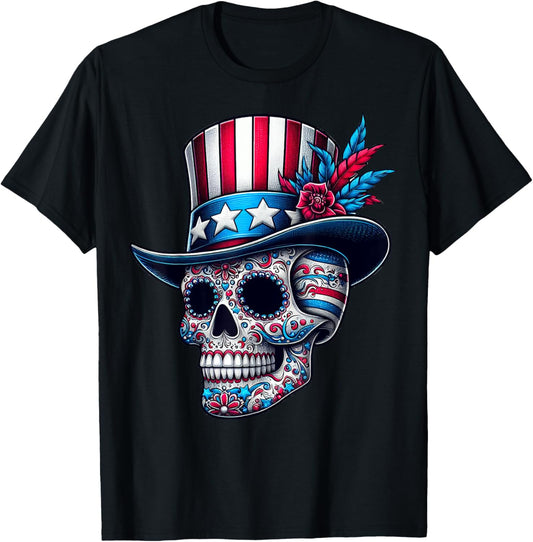 Independence Day USA Patriot Skull 4th of July Sugar Skull T-Shirt - T-Shirt | Black