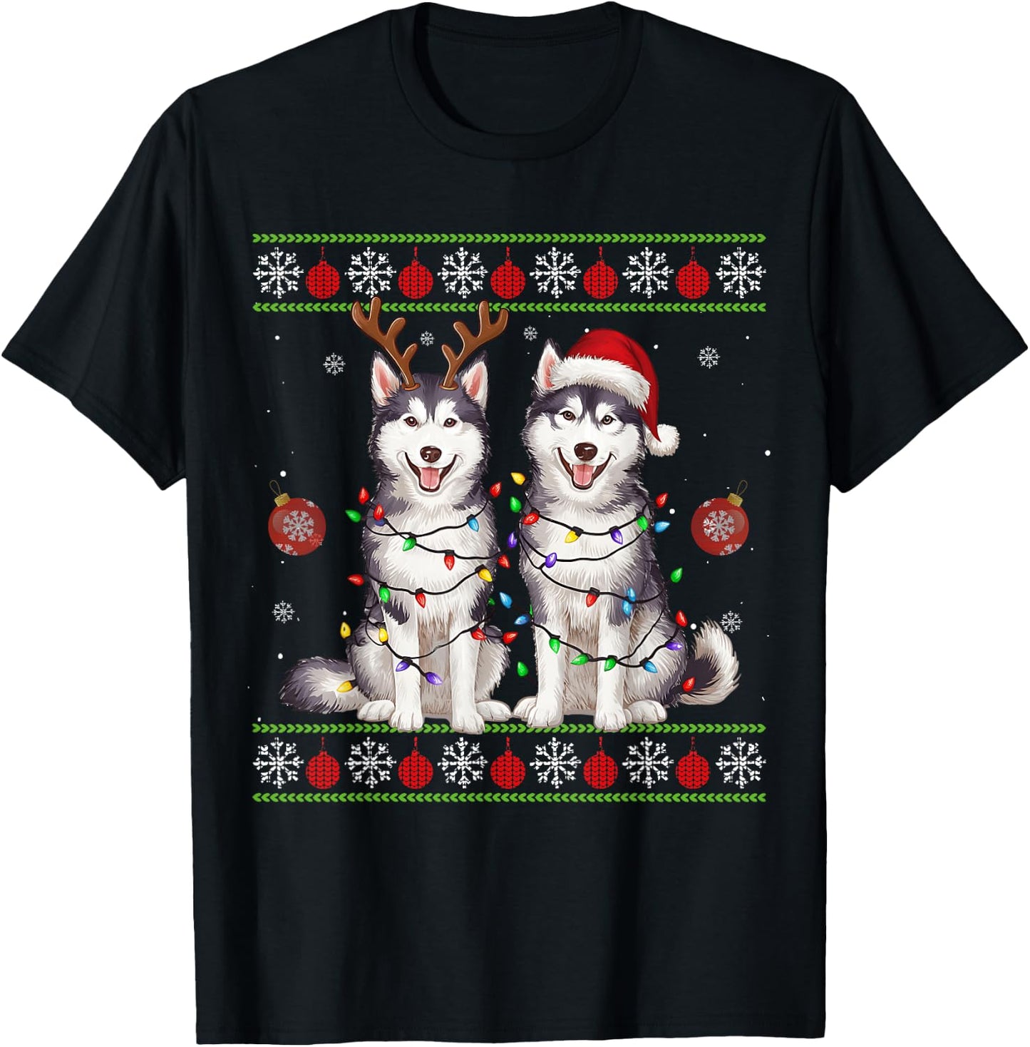 Siberian Husky Christmas Santa Reindeer Christmas Sweater T-Shirt - T-Shirt | Black