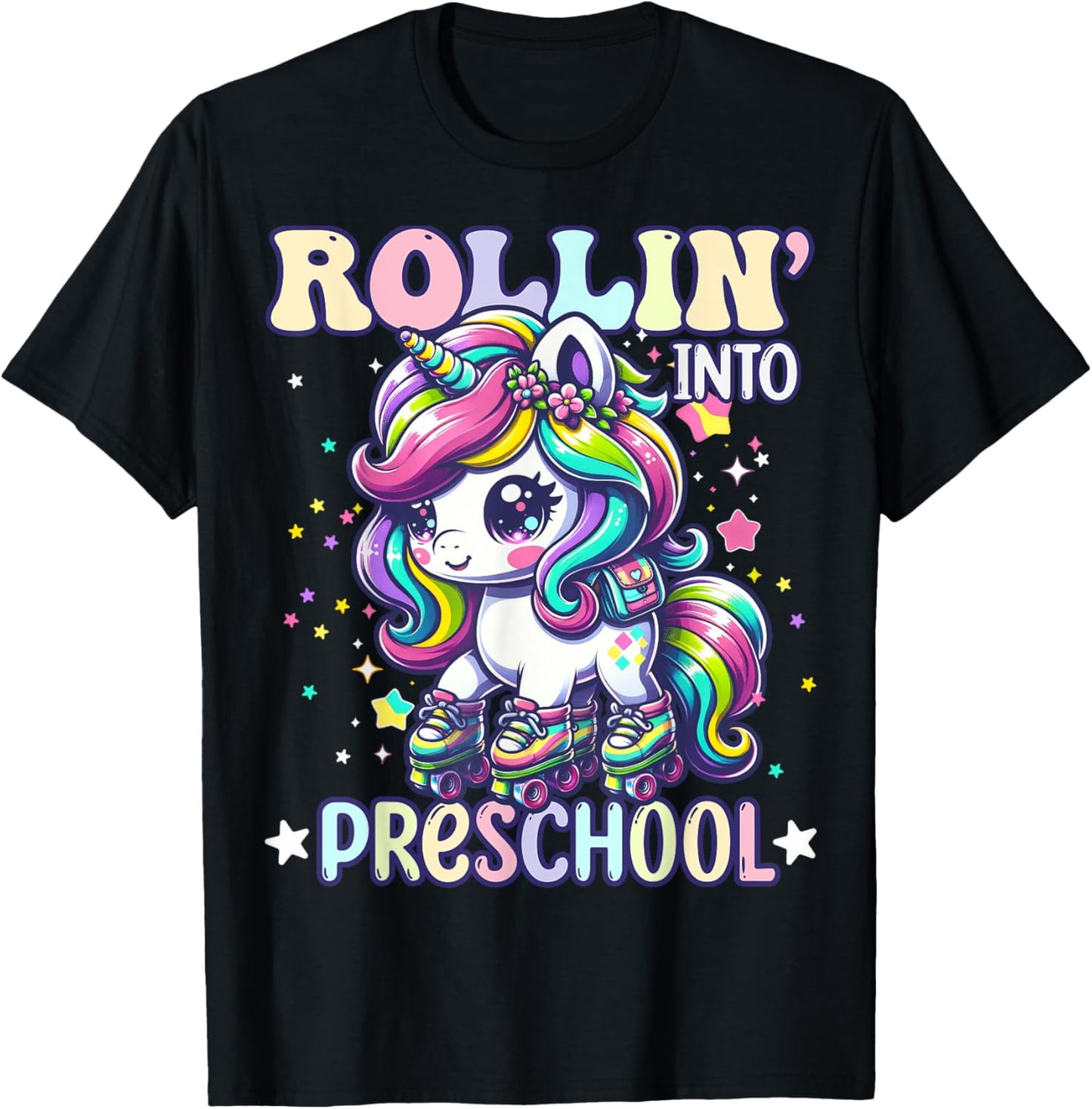 Preschool Back To School First Day Girls PreK Rollin Unicorn T-Shirt - T-Shirt | Black