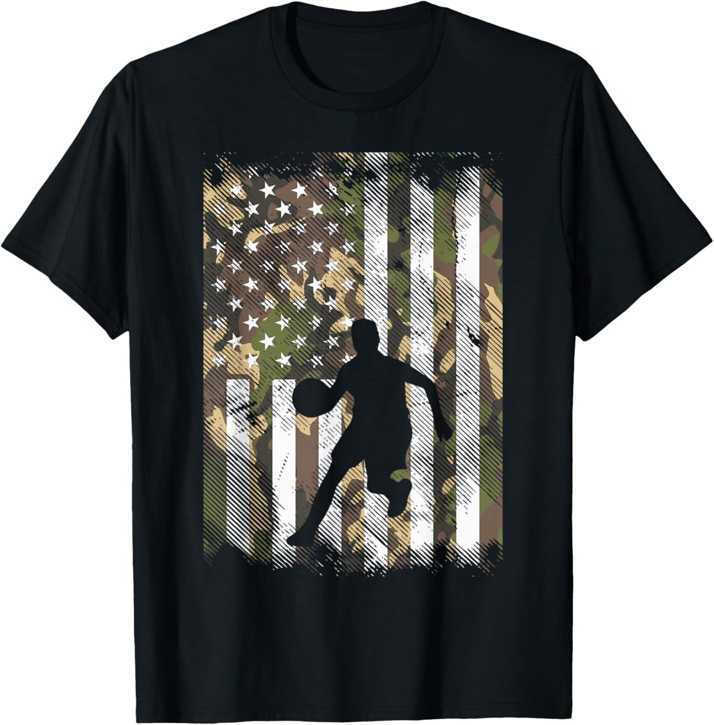 Camo Flag Basketball Vintage Patriotic Baller Men Women Kids T-Shirt - T-Shirt | Black