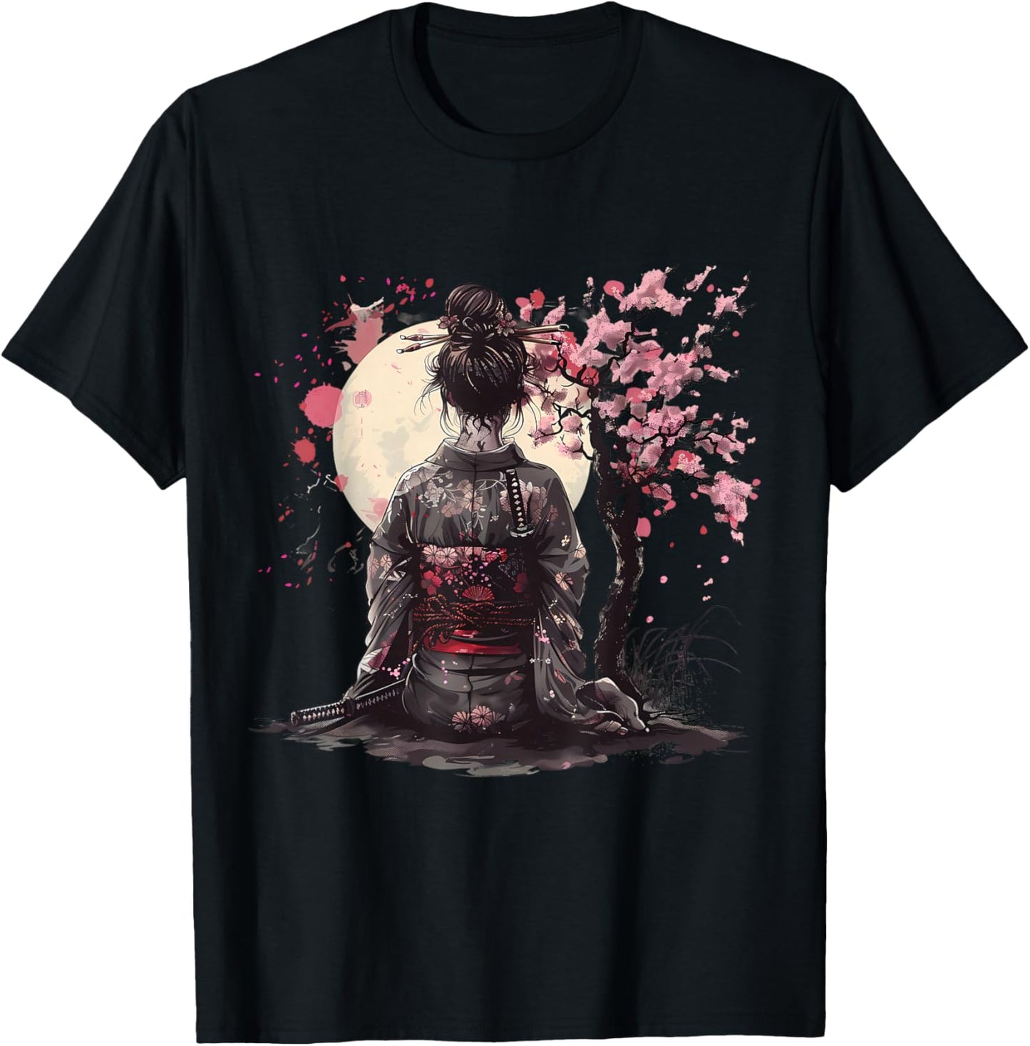 Japanese Samurai Girl Sakura Cherry Blossom Japanese Geisha T-Shirt - T-Shirt | Black