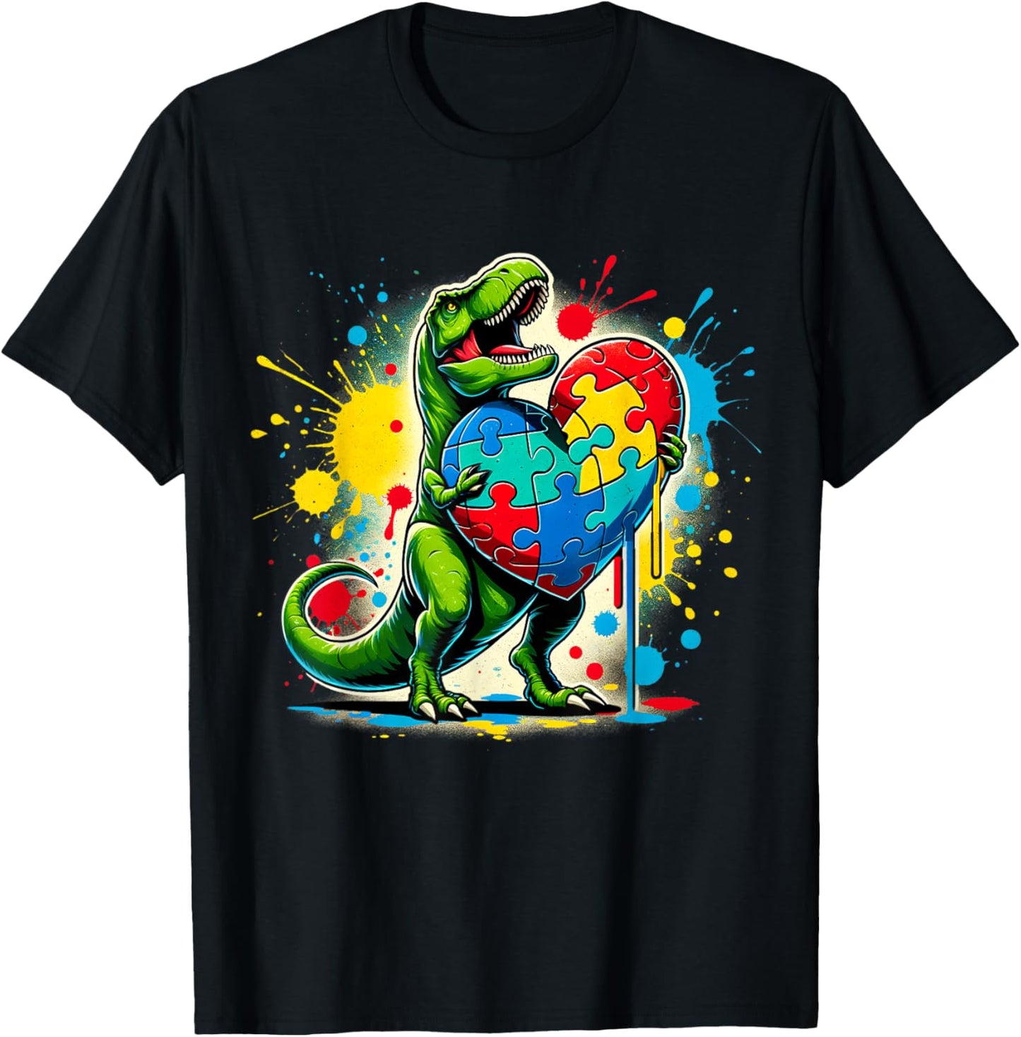 Boys Kids Autism Awareness Funny T Rex Dinosaur Puzzle Piece T-Shirt - T-Shirt | Black