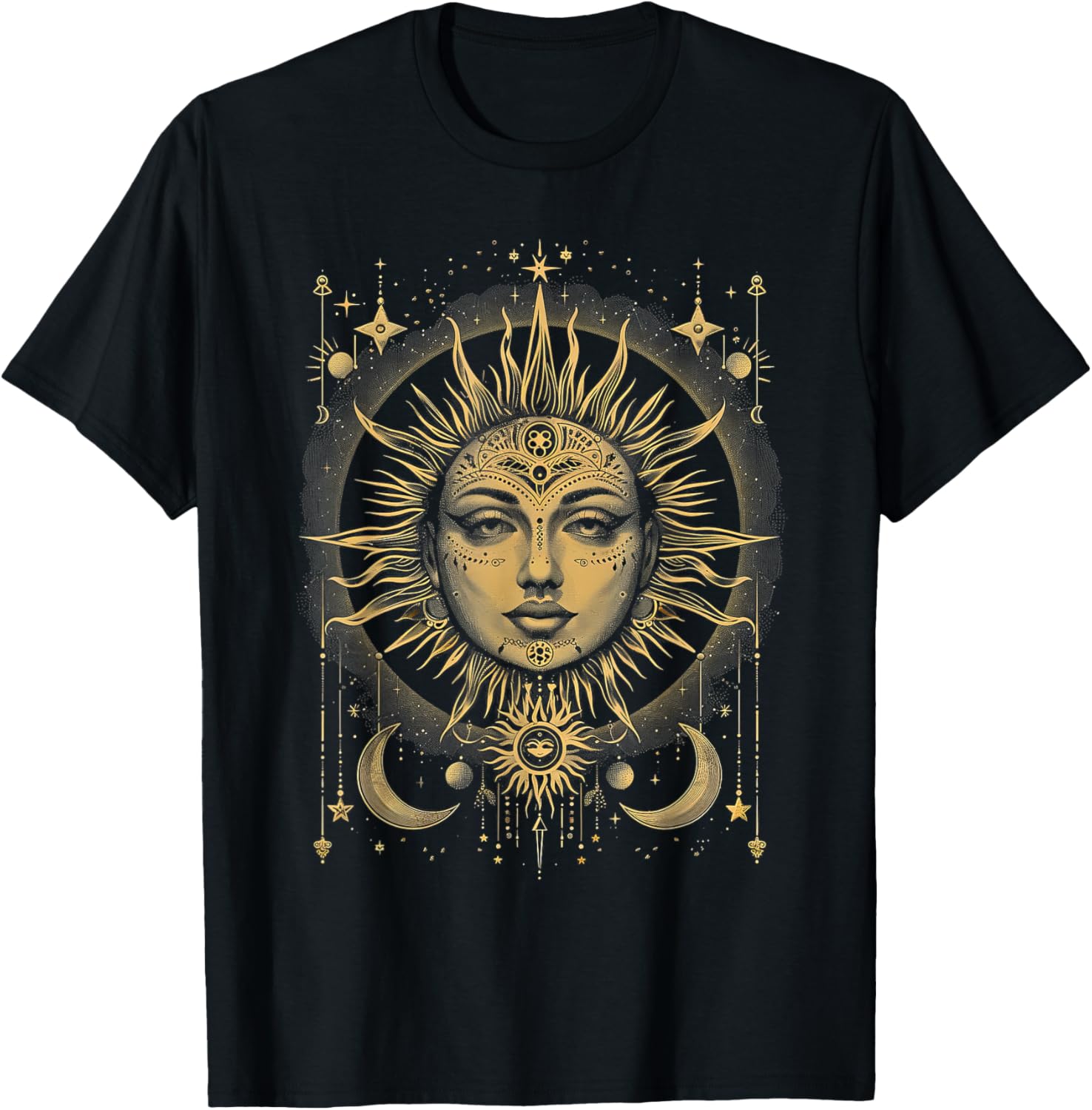 Mystic Sun and Moon Woman Mystical Flowers Aesthetic T-Shirt - T-Shirt | Black