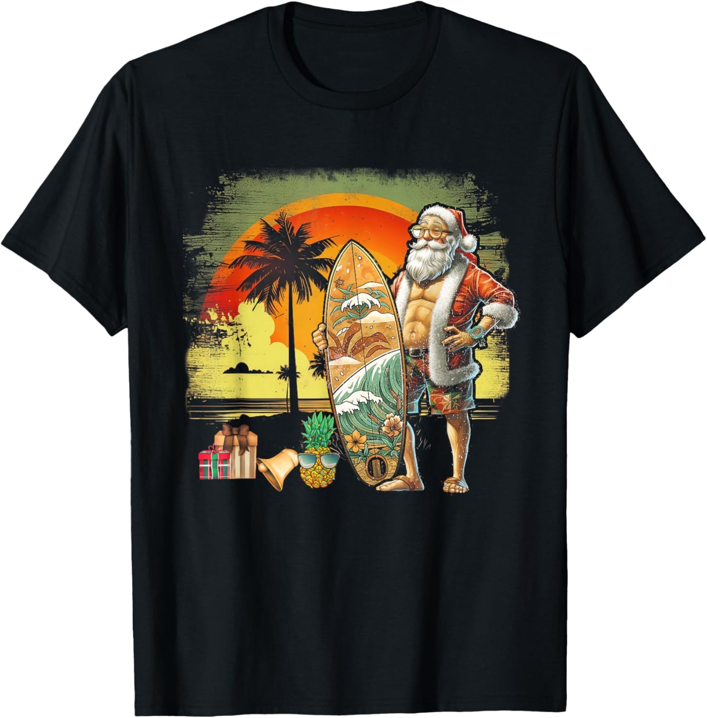 Tropical Summer Surfing Santa Claus 6 Pack Christmas In July Men Women T-Shirt - T-Shirt | Black