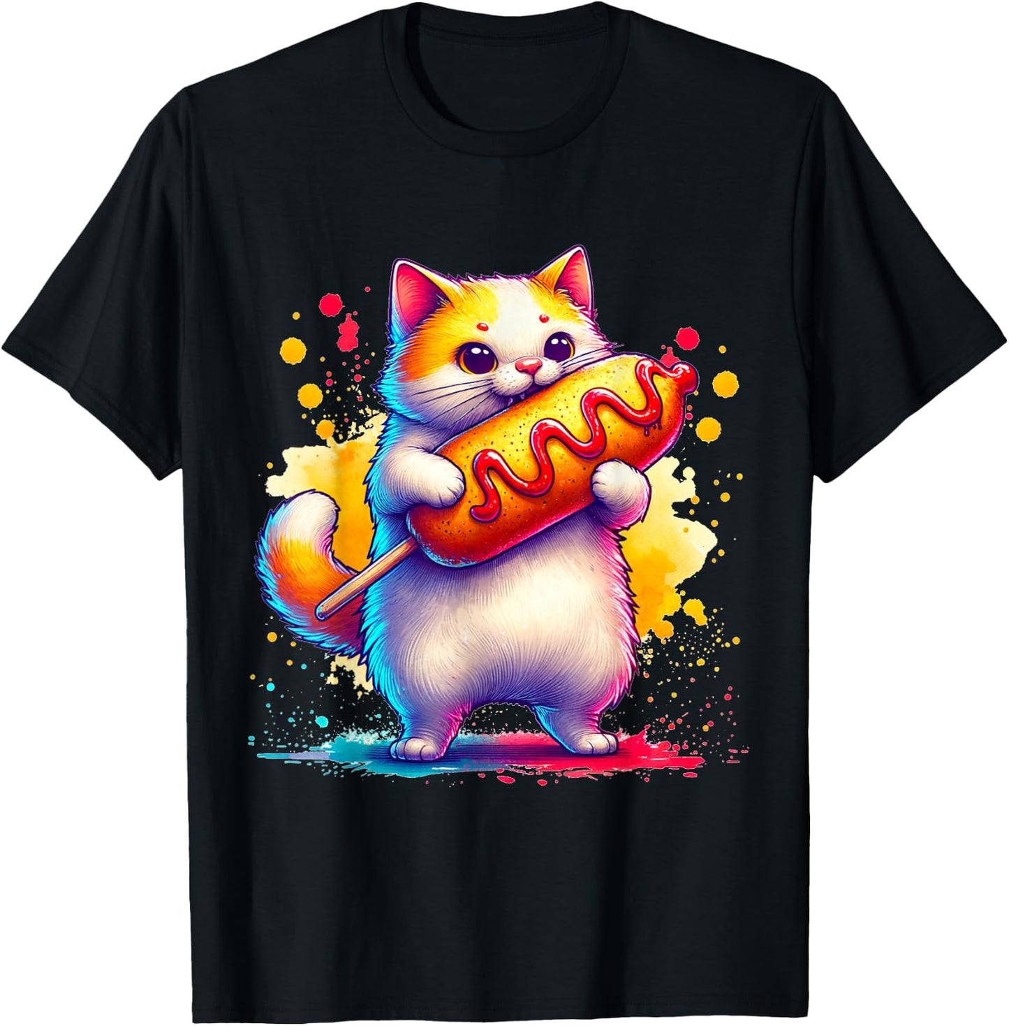 Cute Cat Eating Corndog. Funny Cats And Corndogs Lover T-Shirt - T-Shirt | Black