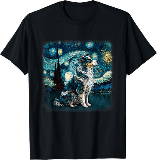 Dog in starry night van gogh aussie mini Australian Shepherd T-Shirt - T-Shirt | Black