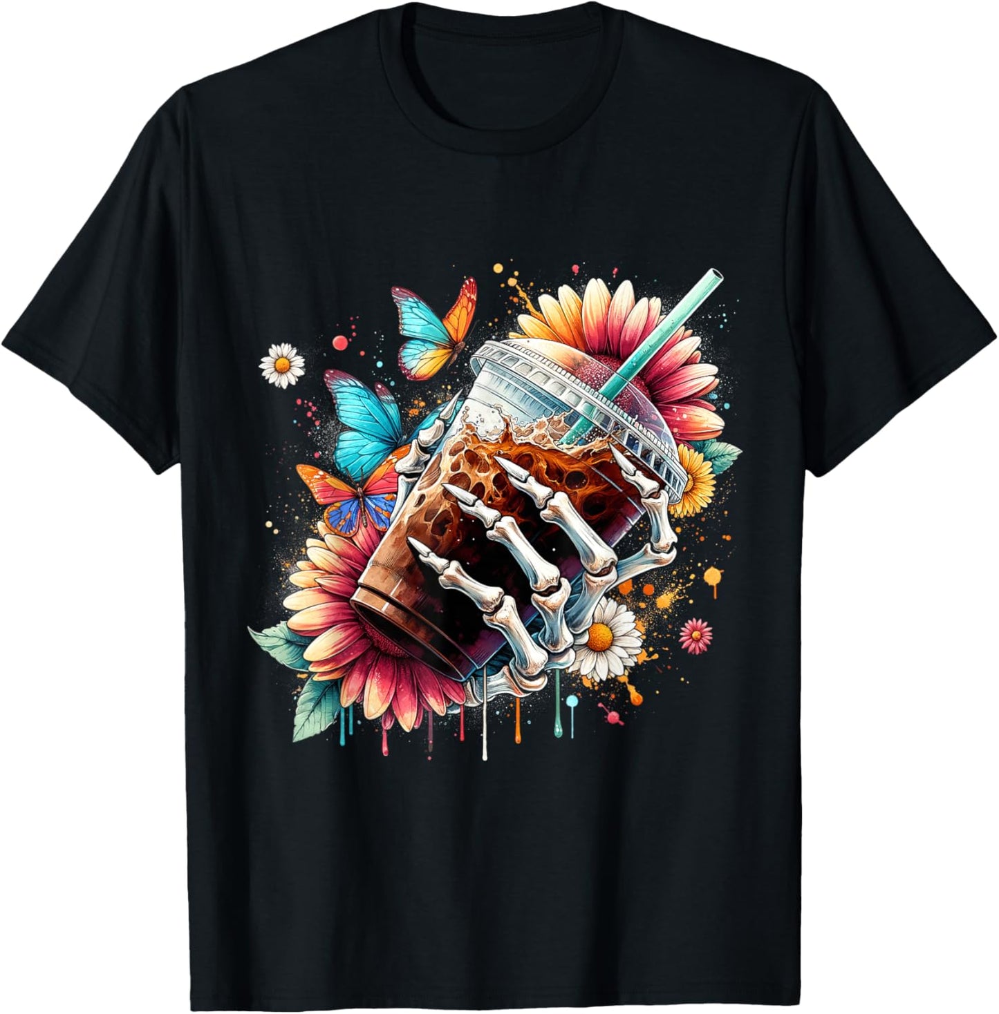 Whimsical Iced Coffee Floral Skeleton Fantasy Flower T-Shirt - T-Shirt | Black