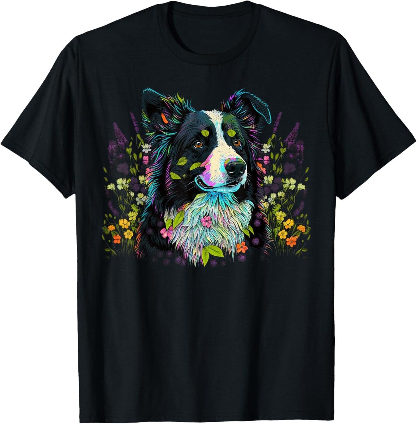 Cute Flower summer Floral Border Collie T-Shirt - T-Shirt | Black