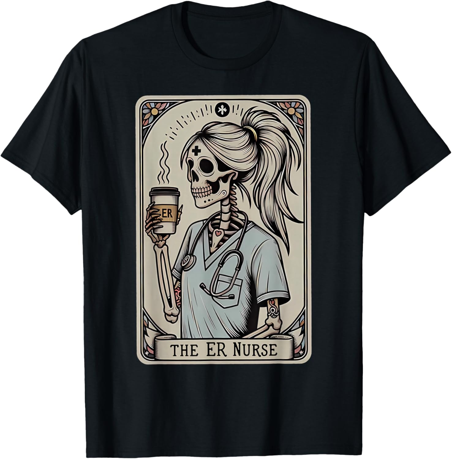 Skeleton Emergency Room Nurse Halloween Tarot Card Nursing T-Shirt - T-Shirt | Black