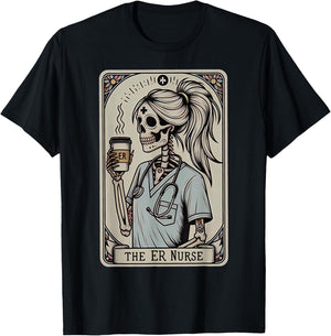 Skeleton Emergency Room Nurse Halloween Tarot Card Nursing T-Shirt - T-Shirt | Black