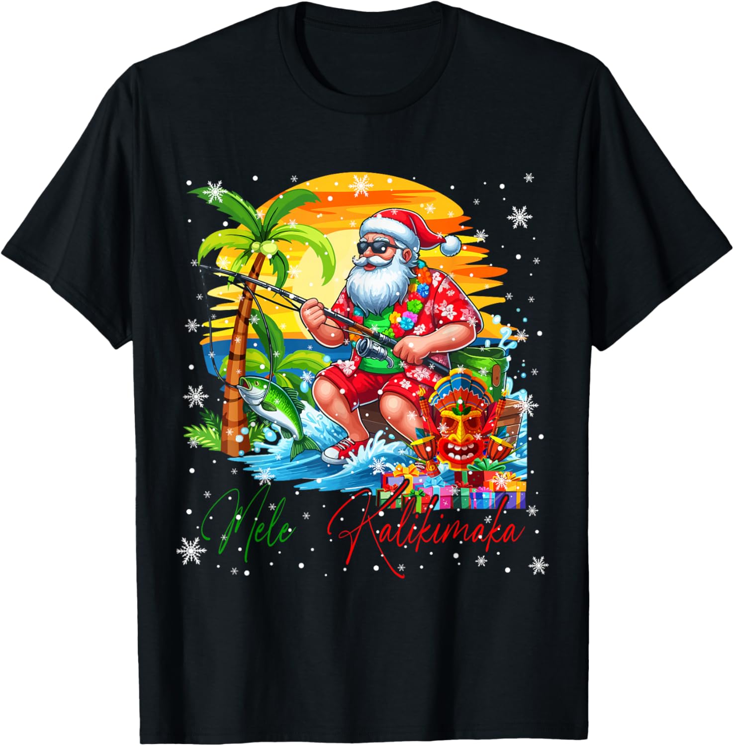 Mele Kalikimaka Hawaiian Santa Sunglasses Fishing Christmas T-Shirt - T-Shirt | Black