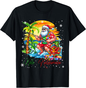 Mele Kalikimaka Hawaiian Santa Sunglasses Fishing Christmas T-Shirt - T-Shirt | Black