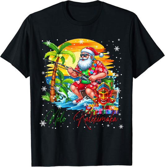Mele Kalikimaka Hawaiian Santa Sunglasses Fishing Christmas T-Shirt - T-Shirt | Black