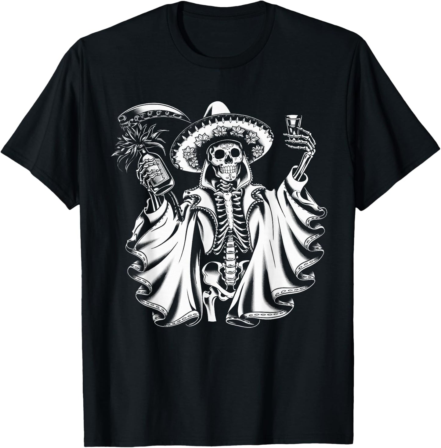 Mexico Vintage Skeleton Tequila Dia De Los Muertos Mexican T-Shirt - T-Shirt | Black