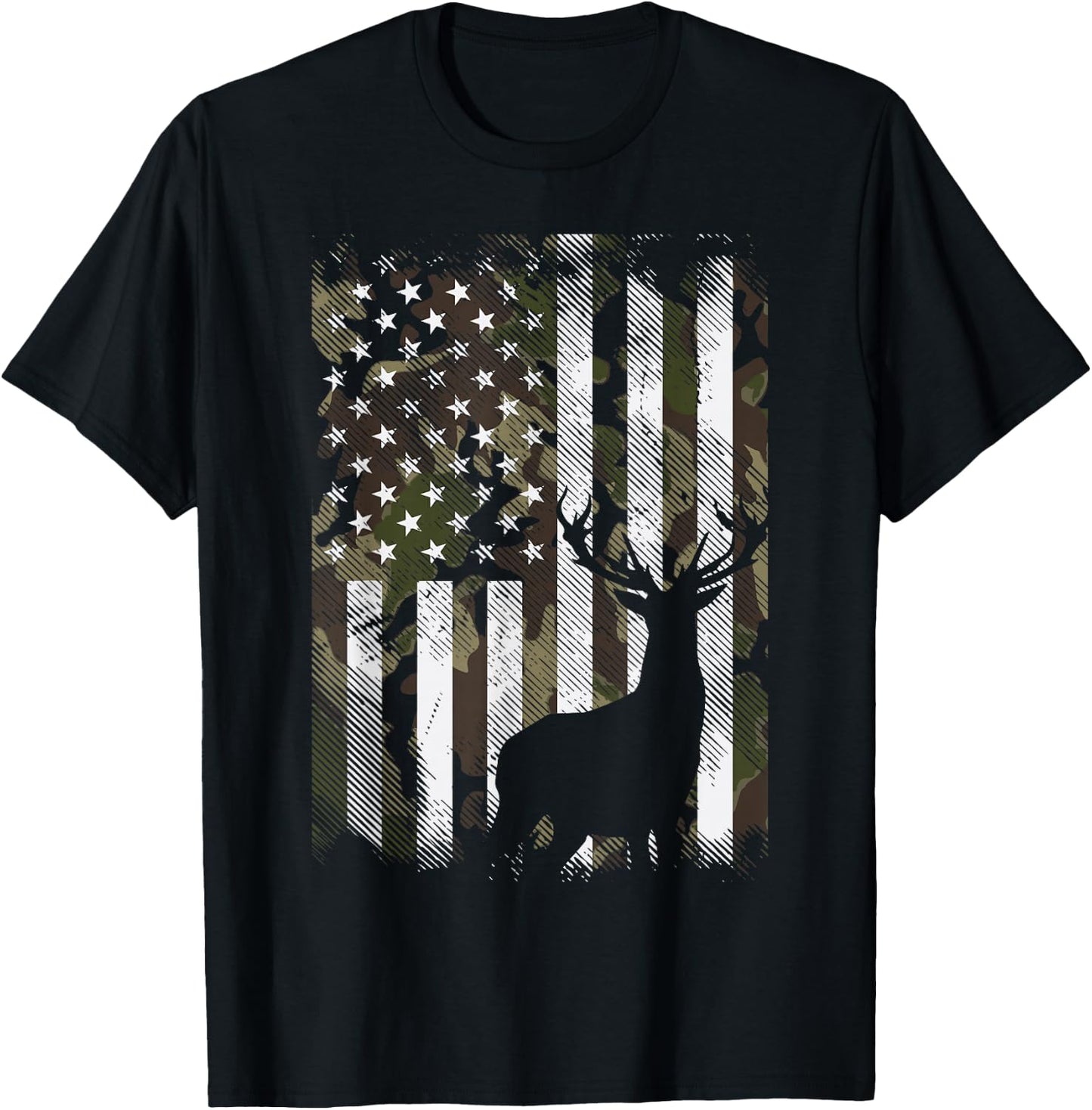 Camo US Flag Deer Elk Buck Camoflage Hunting Hunter Dad Gift Short Sleeve T-Shirt - T-Shirt | Black