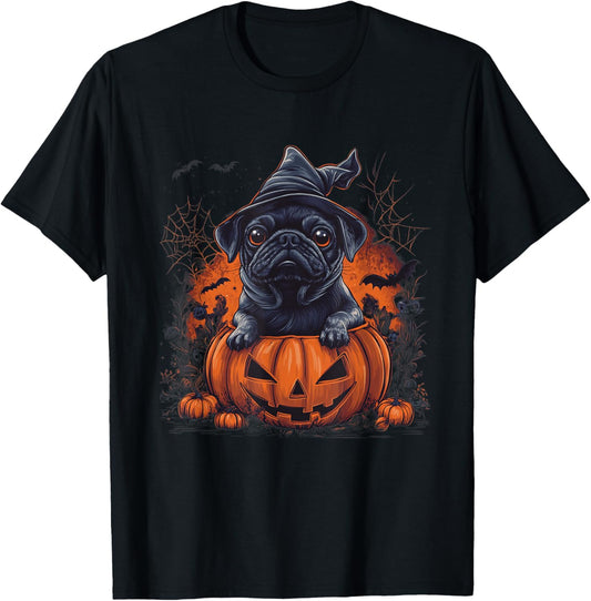 Black Pug Dog Pumpkin Halloween Thanksgiving Men Women Dog T-Shirt - T-Shirt | Black