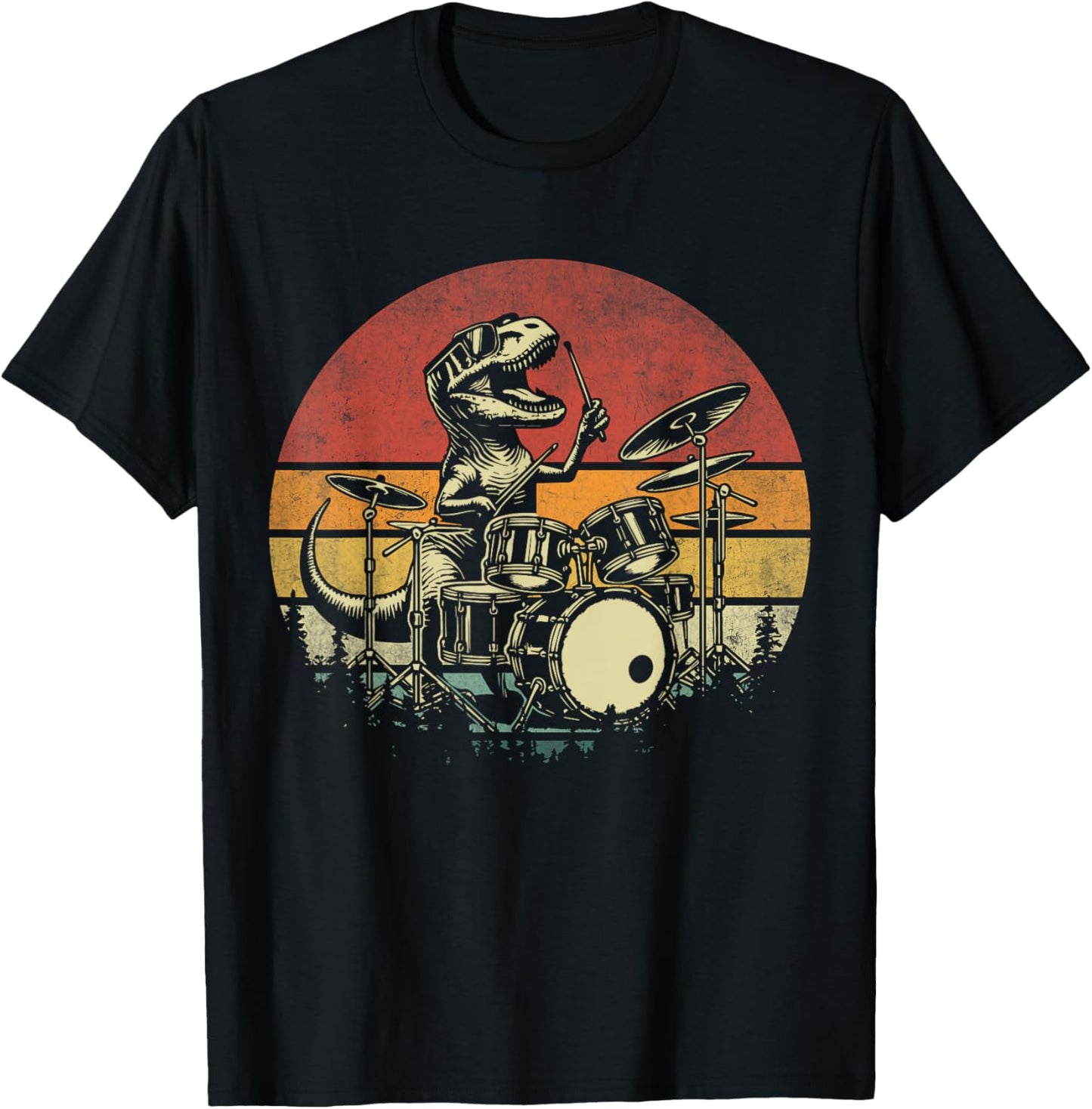Funny Retro Trex Drummer Rock Drummer T-rex Playing Drums T-Shirt - T-Shirt | Black