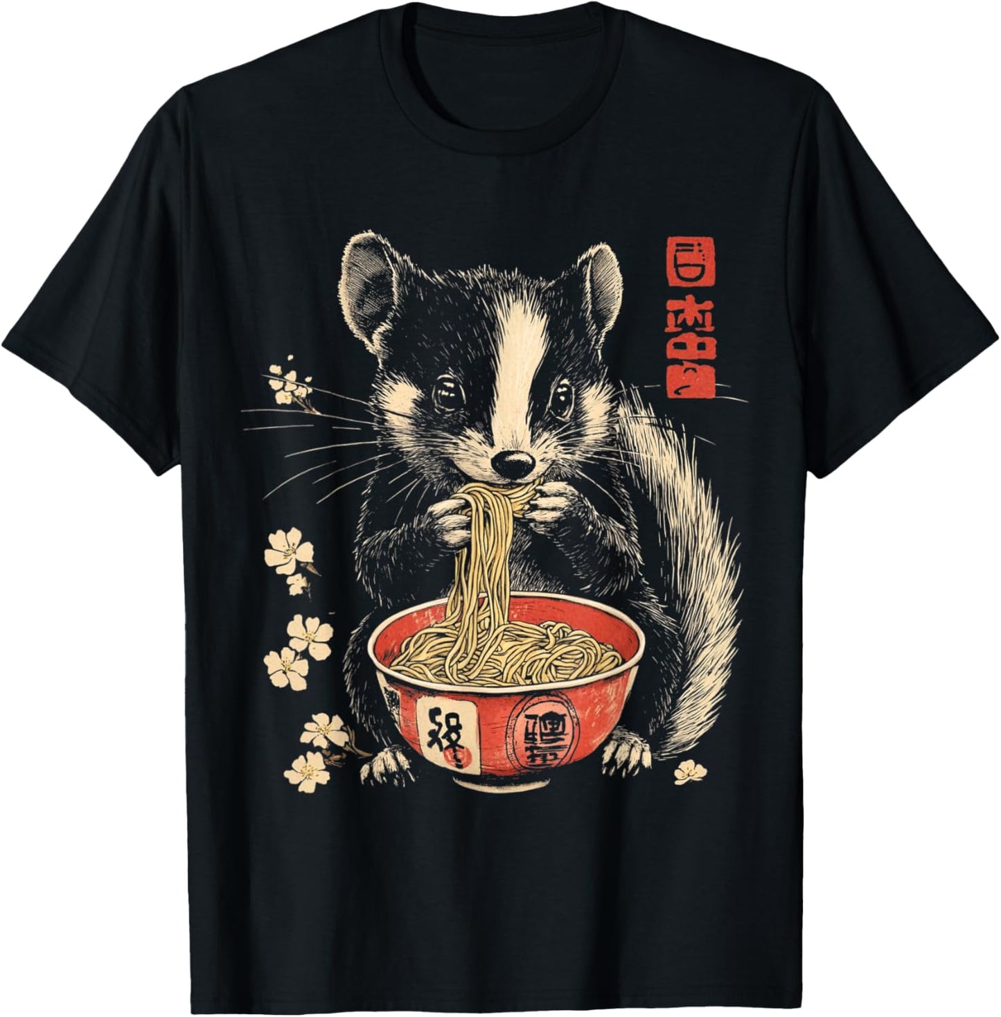 Funny Skunk Animal Eating Ramen Noodles T-Shirt - T-Shirt | Black