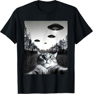 Funny Cat Selfie with UFOs T-Shirt - T-Shirt | Black