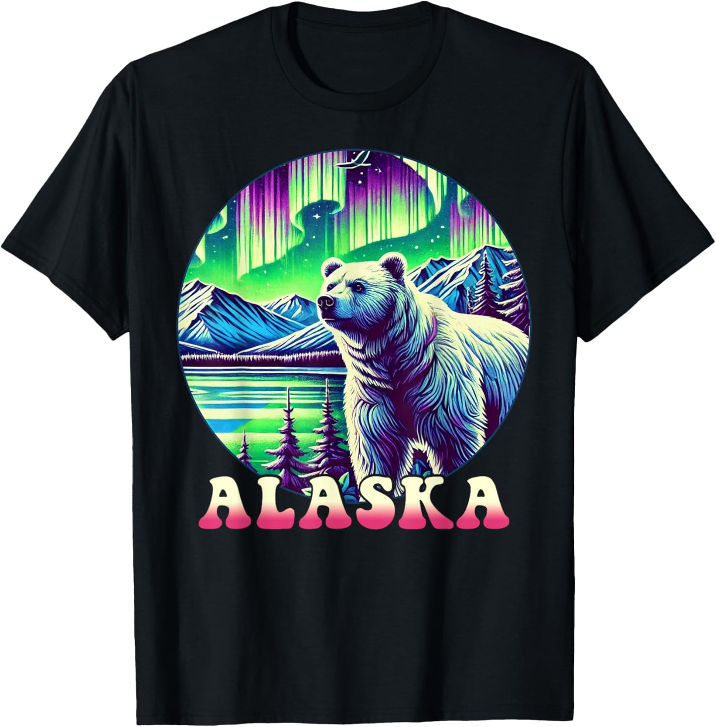 Alaska Northern Lights Aurora Viewing Alaska Vacation Bear T-Shirt - T-Shirt | Black