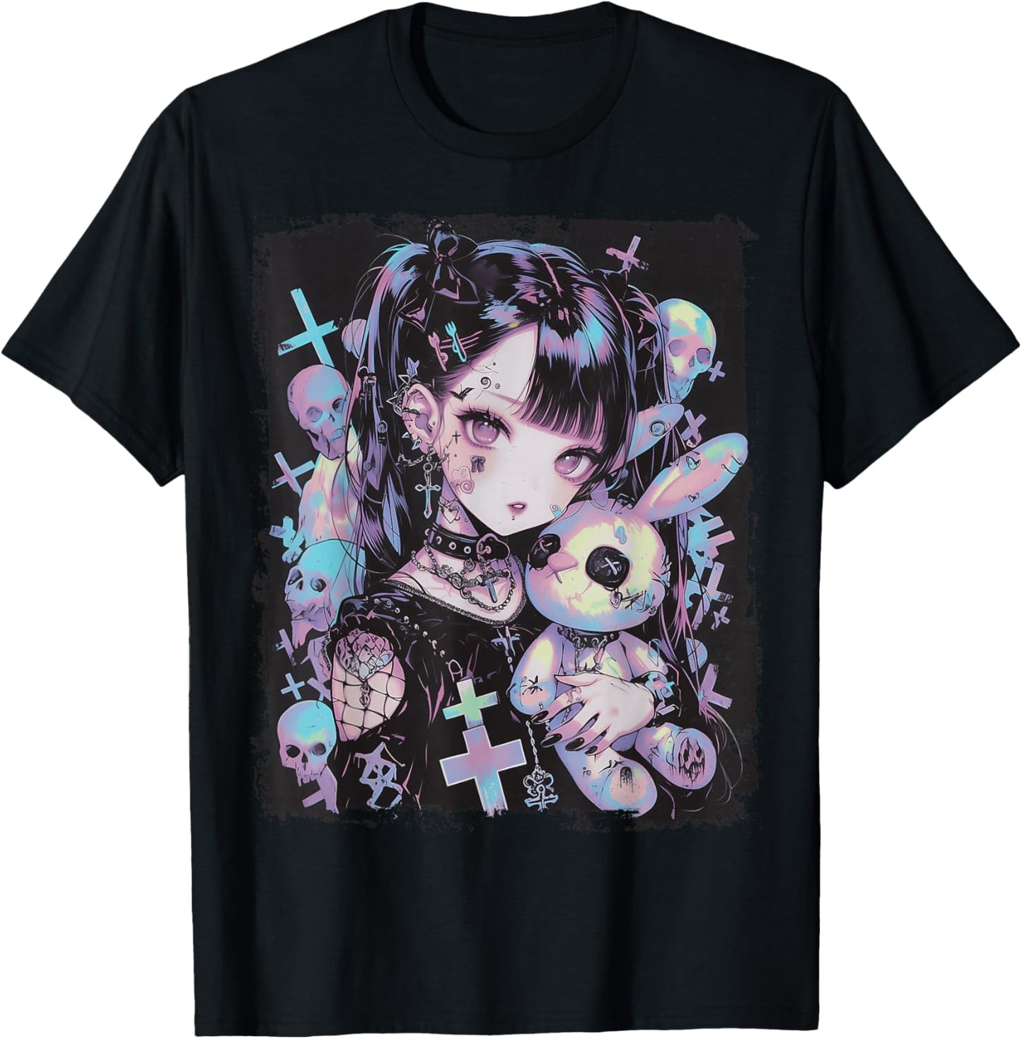 Anime Girl Goth Bunny Cute E-Girl Gothic Outfit Grunge T-Shirt - T-Shirt | Black