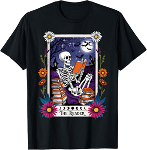 Book Lover Tarot Card The Reader Mystic Funny Skeleton T-Shirt - T-Shirt | Black