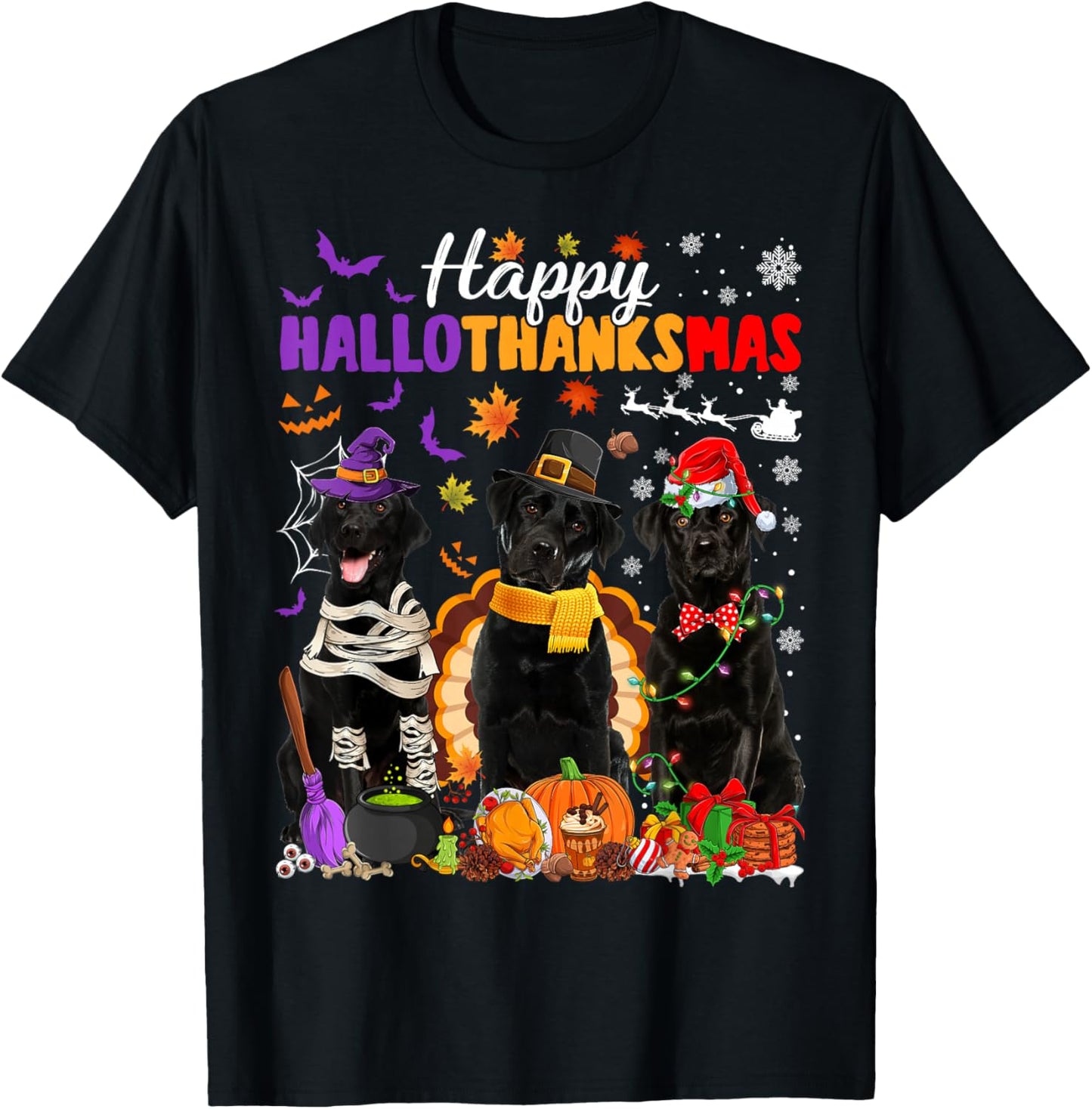 Witch Pilgrim Turkey Santa Black Labrador Dog HalloThanksMas T-Shirt - T-Shirt | Black
