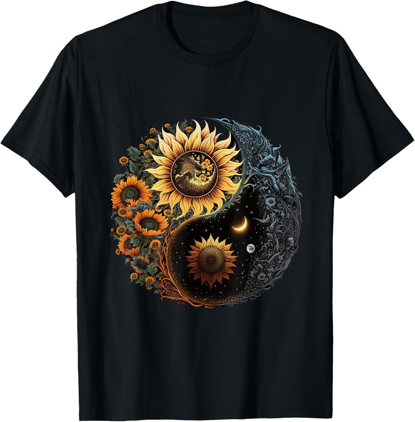 Yin And Yang Aesthetic Sunflower And Crescent Moon Art T-Shirt - T-Shirt | Black
