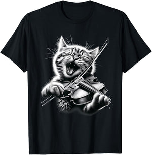 Funny Orchestra Musician Violinist Rock Cat Playing Violin T-Shirt - T-Shirt | Black