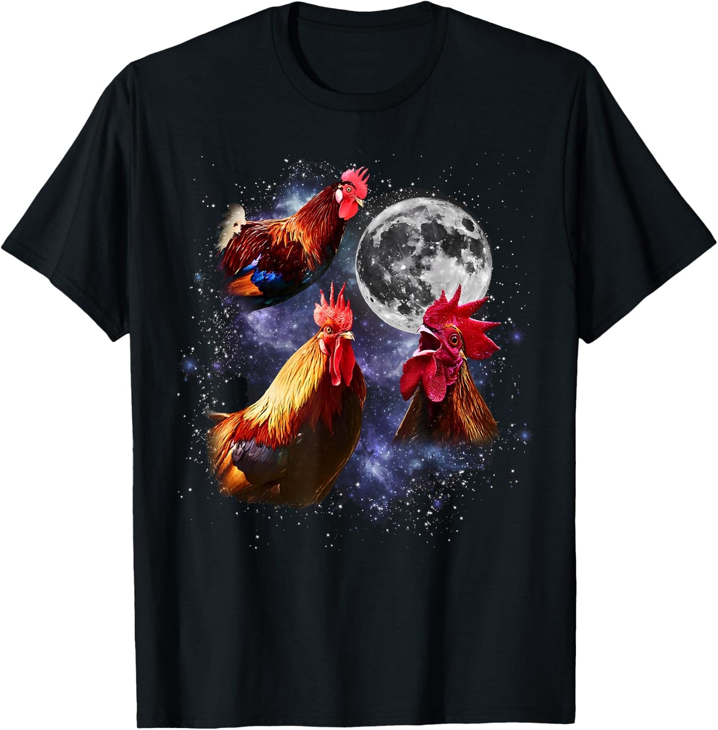 Vintage Three Roosters Howling at the Moon Funny Farm Animal T-Shirt - T-Shirt | Black