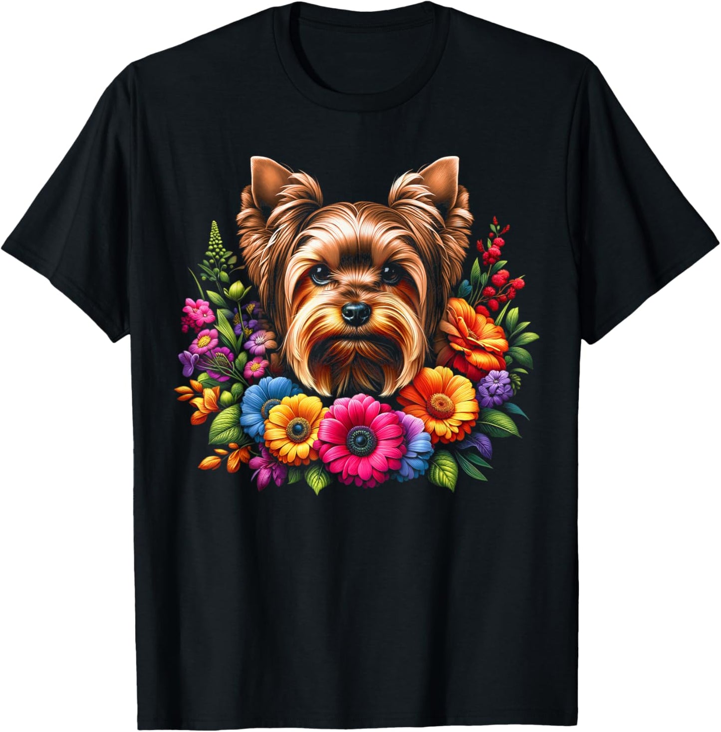 MyAnimal - Your Favourite Animal Wear Cute Yorkshire Terrier Portrait in Colourful Flowers , Small, Black T-Shirt - T-Shirt | Black