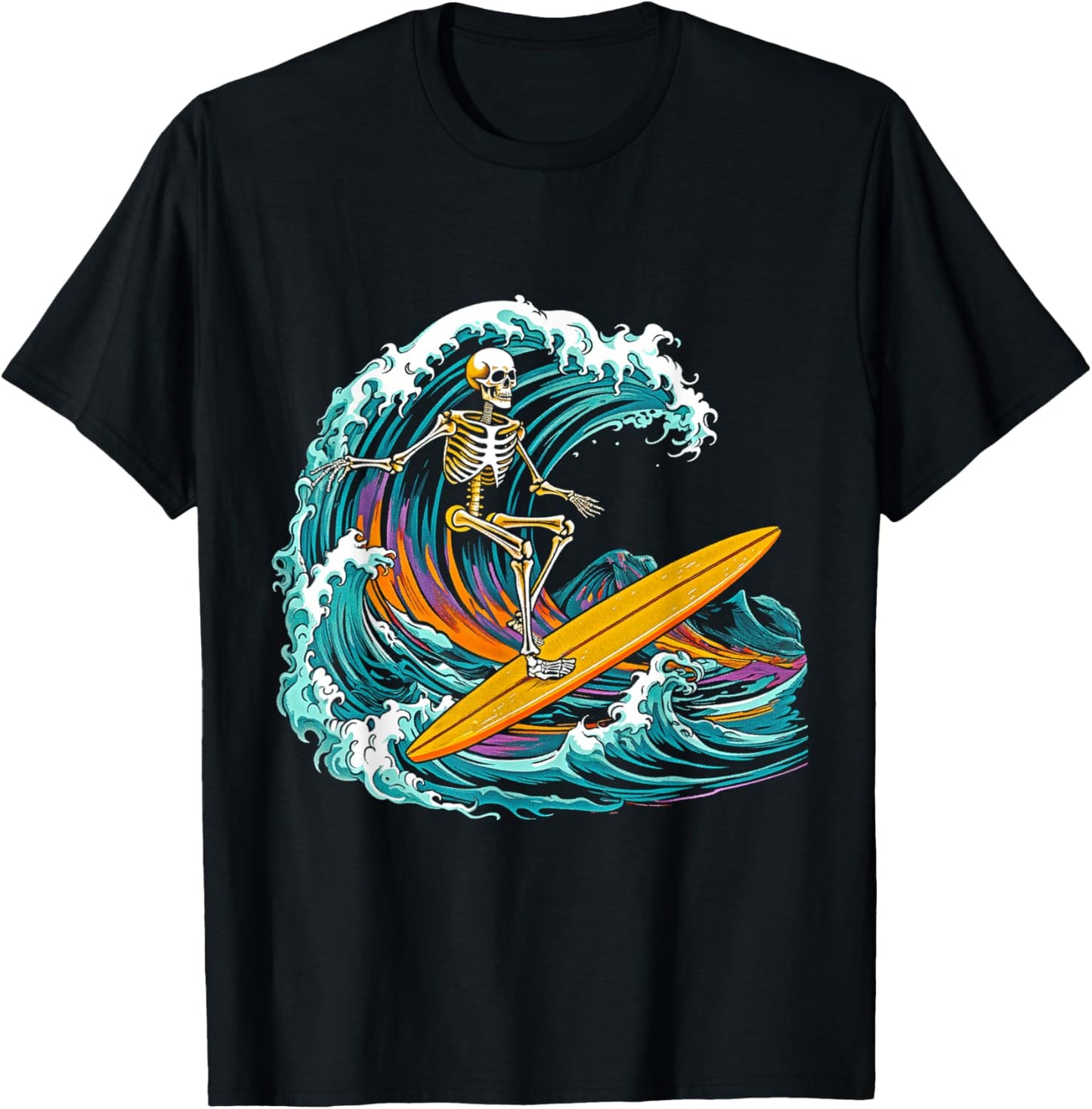 Skull Skeleton Surfer Wave Beach Vintage Funny 80s 80s T-Shirt - T-Shirt | Black