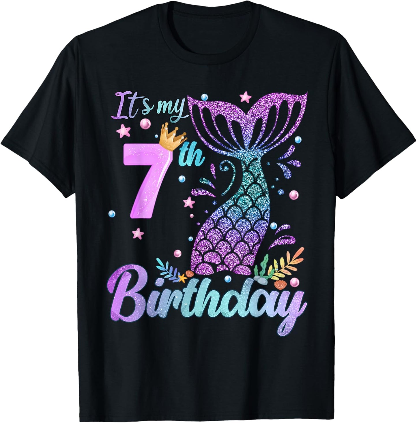 It's My 7th Birthday Mermaid Girl Theme 7 Years Old T-Shirt - T-Shirt | Black