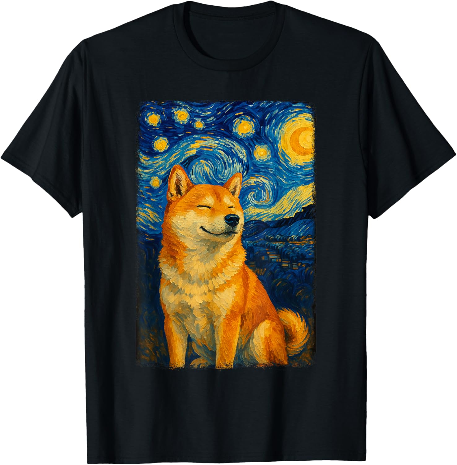 Shiba Inu Under Starry Sky Art Dog Aesthetic T-Shirt - T-Shirt | Black