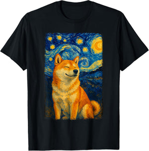 Shiba Inu Under Starry Sky Art Dog Aesthetic T-Shirt - T-Shirt | Black