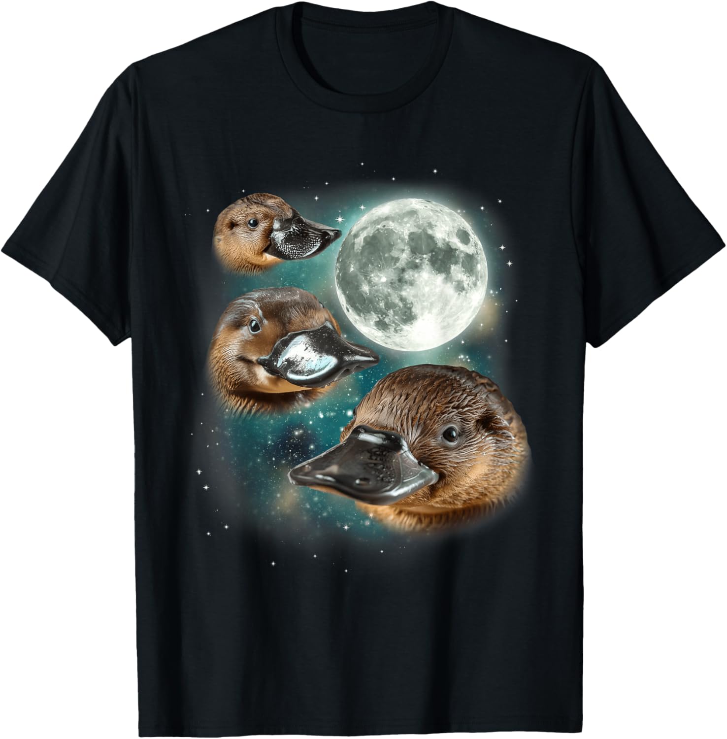 Three Platypus Moon | Funny Cursed Meme Design T-Shirt - T-Shirt | Black