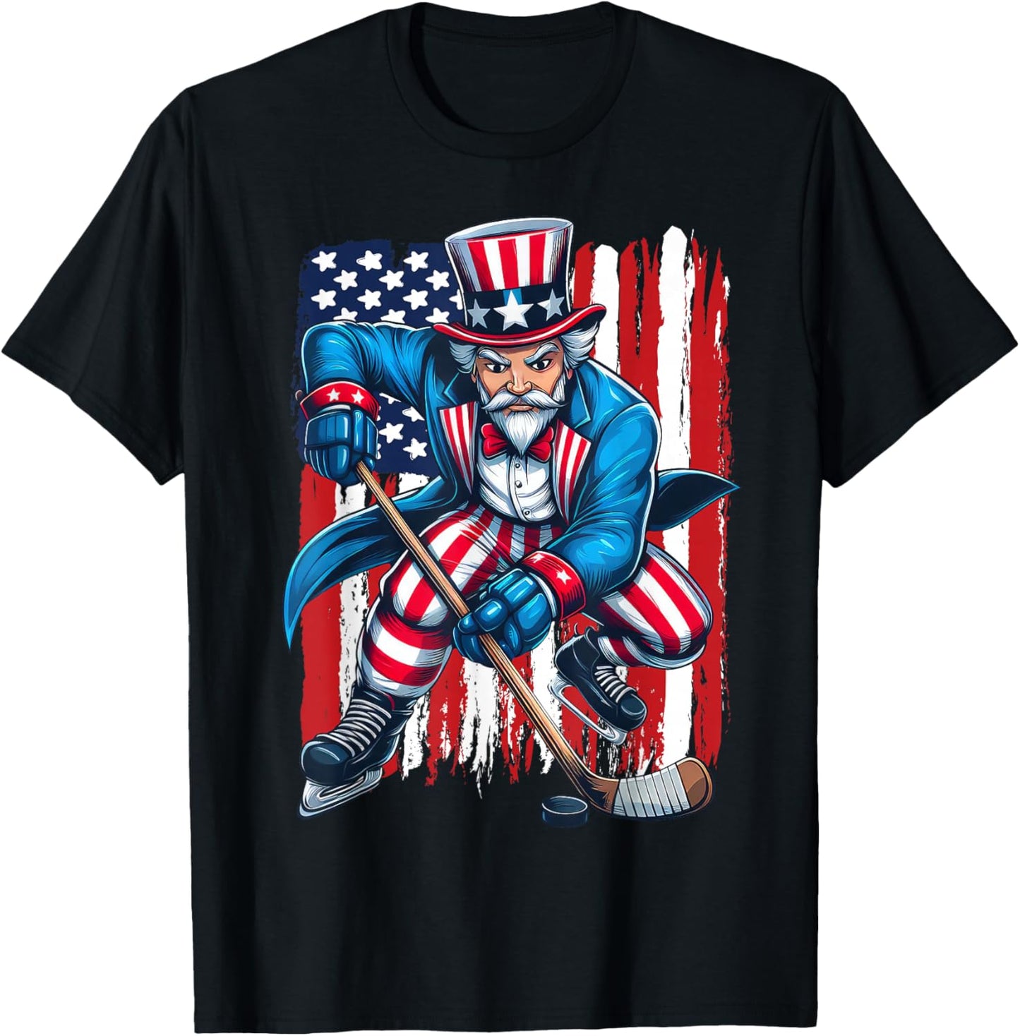 Uncle Sam Hockey Player 4th of July American Flag T-Shirt - T-Shirt | Black