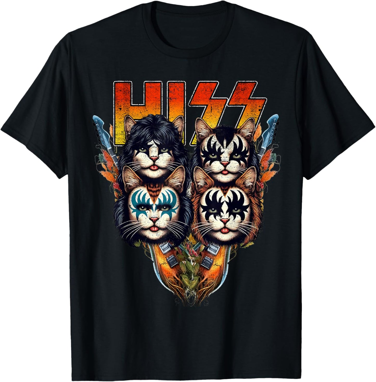 Hiss Funny Cats Kittens Parody Rock Rockin vintage retro cat T-Shirt - T-Shirt | Black